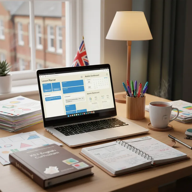 Teacher desk with laptop showing AI lesson planning tool alongside printed resources, planner and teaching materials