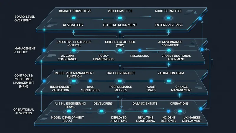 Tiered architecture diagram showing AI governance layers from board oversight to operational systems