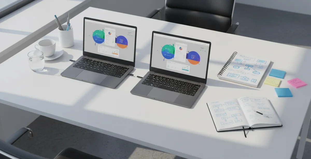 Overhead view of a workshop workspace with laptops, notebooks, sticky notes and prompt guides ready for a hands-on AI training session