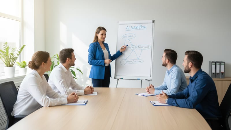 Team discussing AI adoption around a table with a workflow diagram on a whiteboard